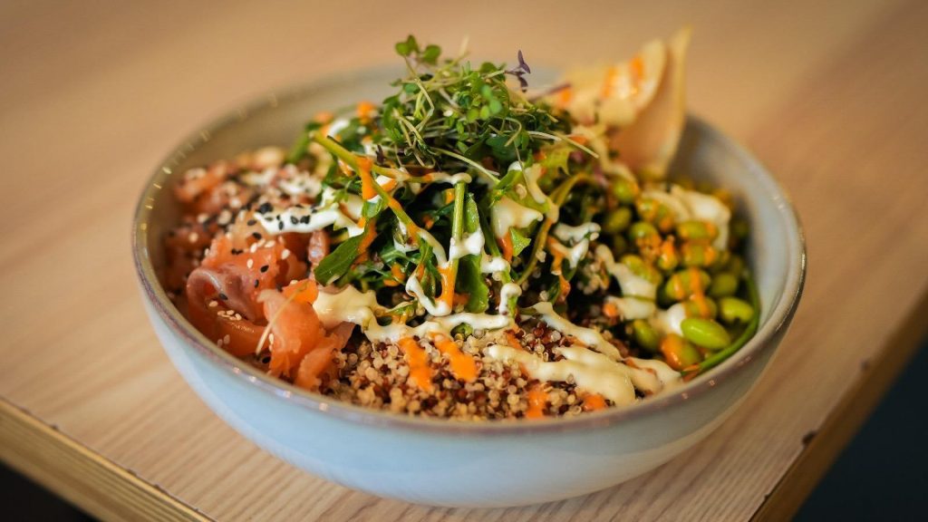 Berlin breakfast bowl with grains, vegetables and herbs at die Stulle